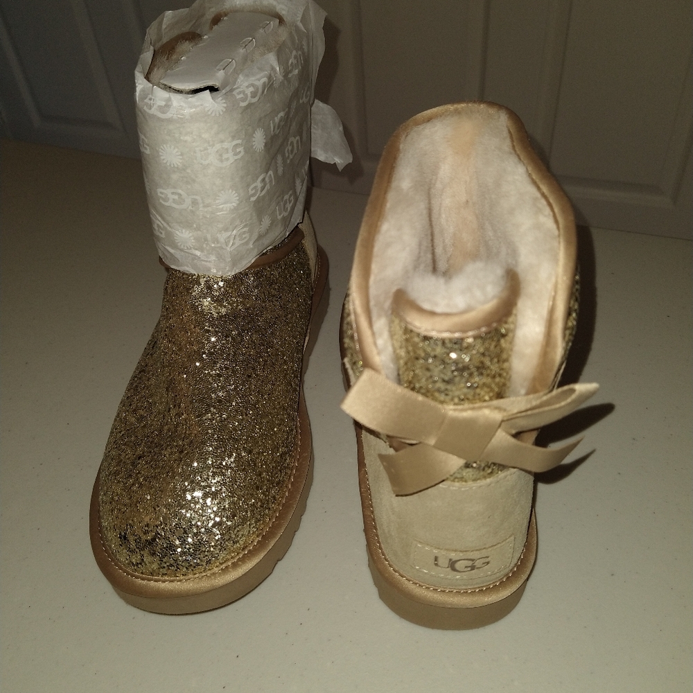 Uggs Gold Ankle Glitter Bow Boots